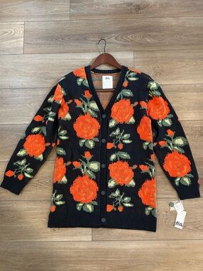 Tea Collection NWT Floral Cotton Cardigan Sweater Black Orange Roses Small